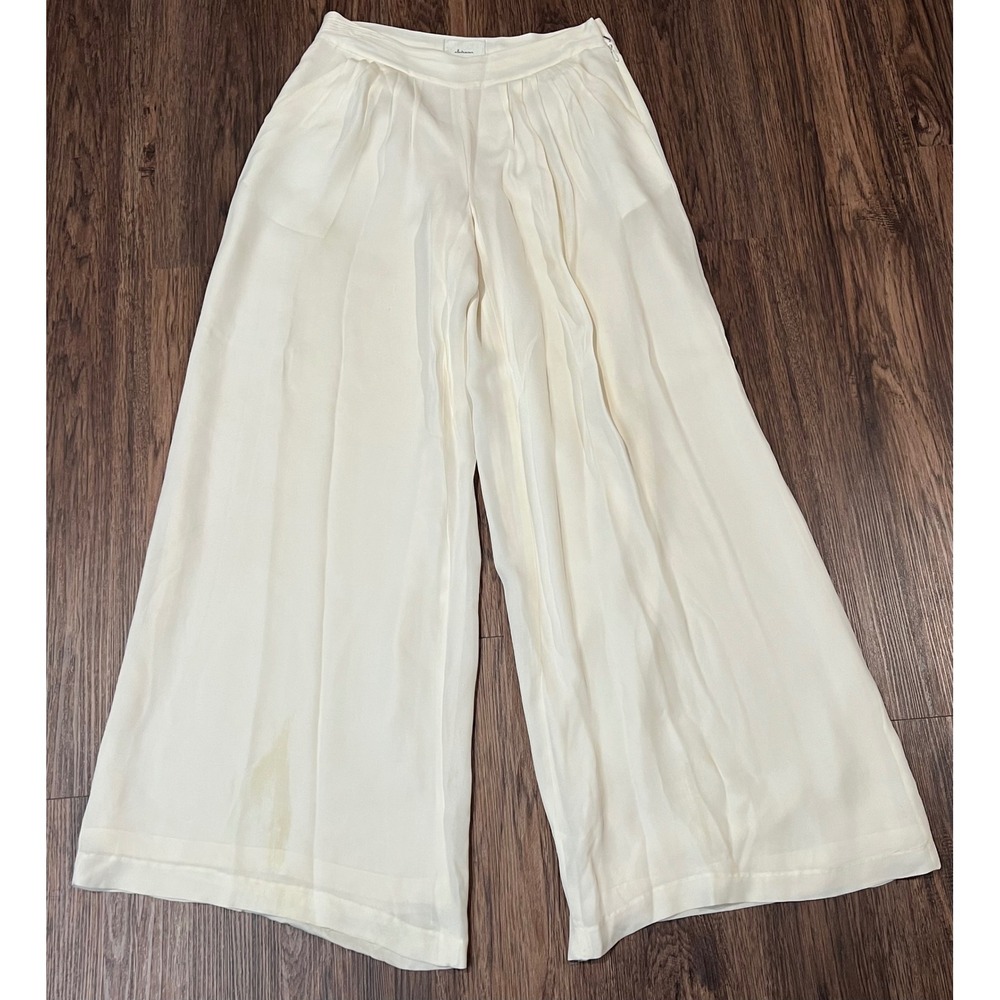 Elevenses Anthropologie Ivory Wide Leg Pleated Trousers Cream High Rise Size 4